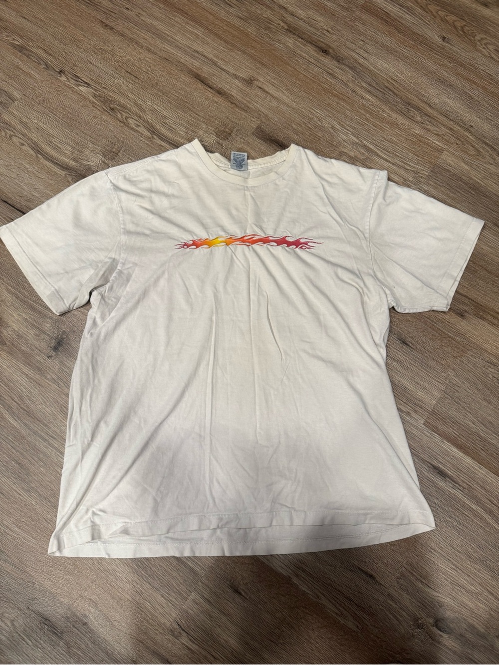 Y2K Old Navy White Short-Sleeve Tee with Red-Orange Flame Stripe